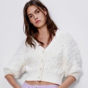 Zara Chunky Knit Ecru Cotton Blend Blogger Favorite Cardigan Sz Medium